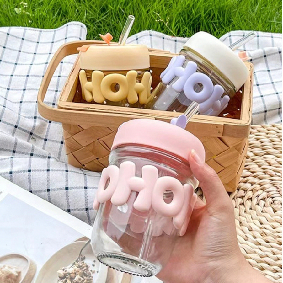 Gelas Kaca Lucu Botol Minum Kaca Hoho Sedotan Korea Tumbler Aestetic Tumblr