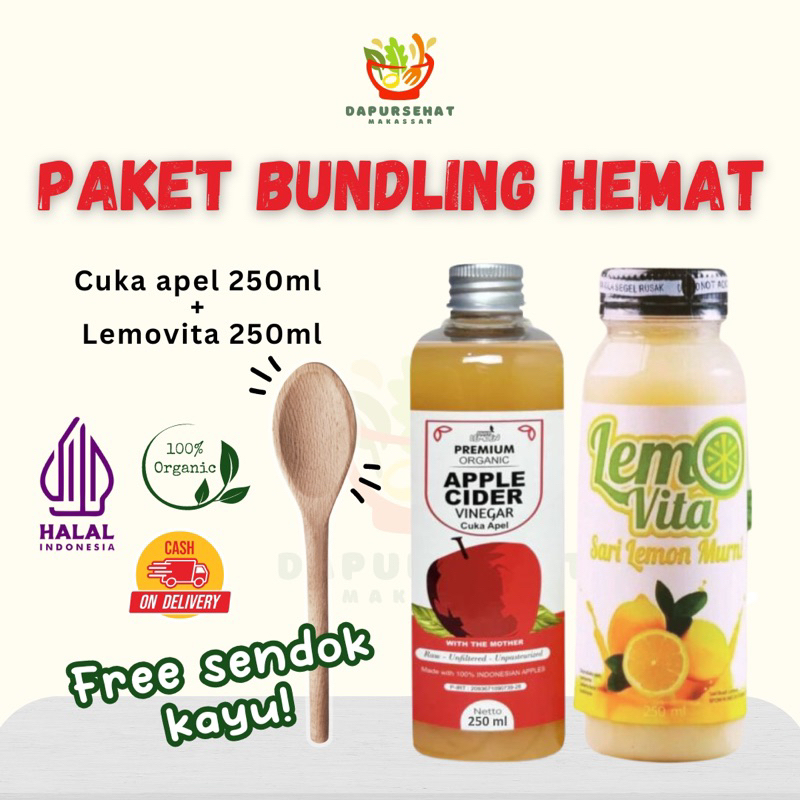 

Paket bundling cuka apel suur lemoen 250 ml + sari lemon lemovita 250 ml free sendok kayu