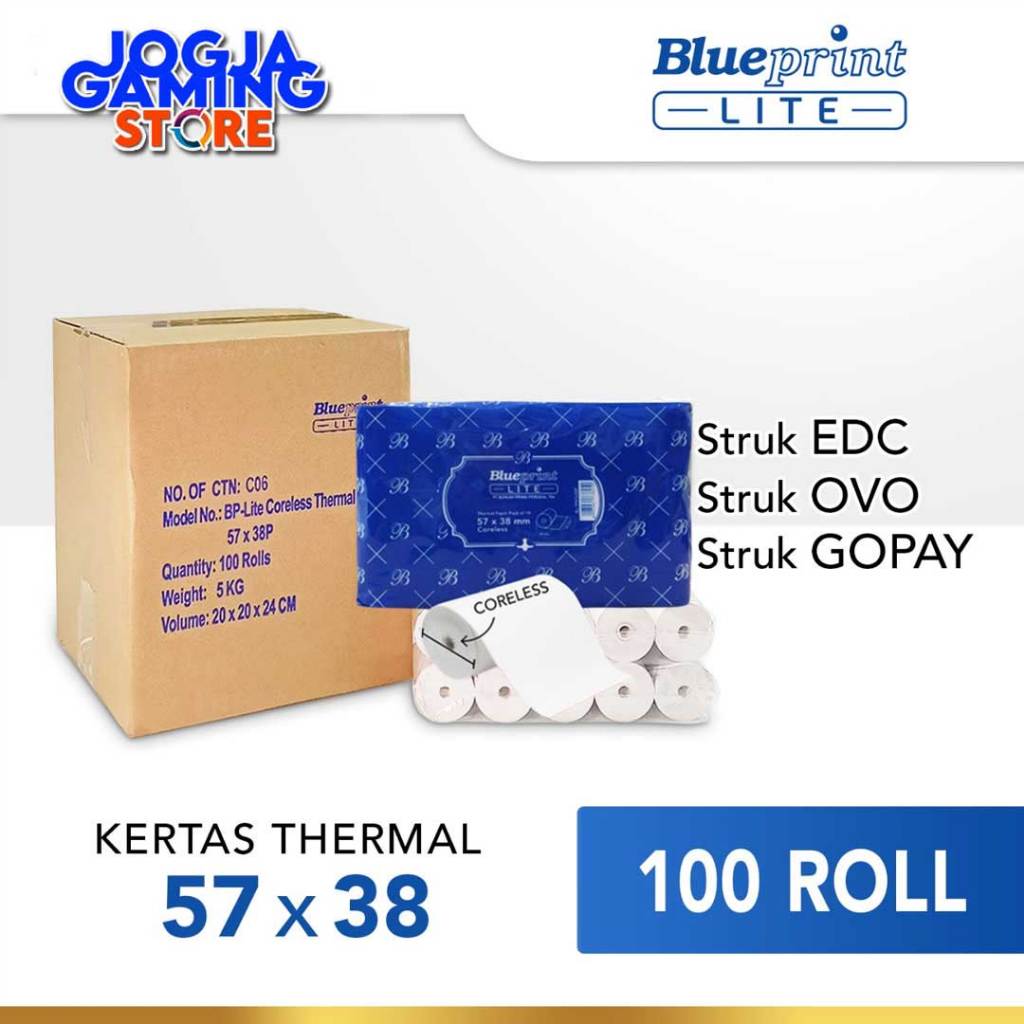 

KERTAS THERMAL STRUK KASIR PPOB EDC KARCIS PARKIR BLUEPRINT LITE CORELESS 57x38 57x40 58x38 - 1 Dus