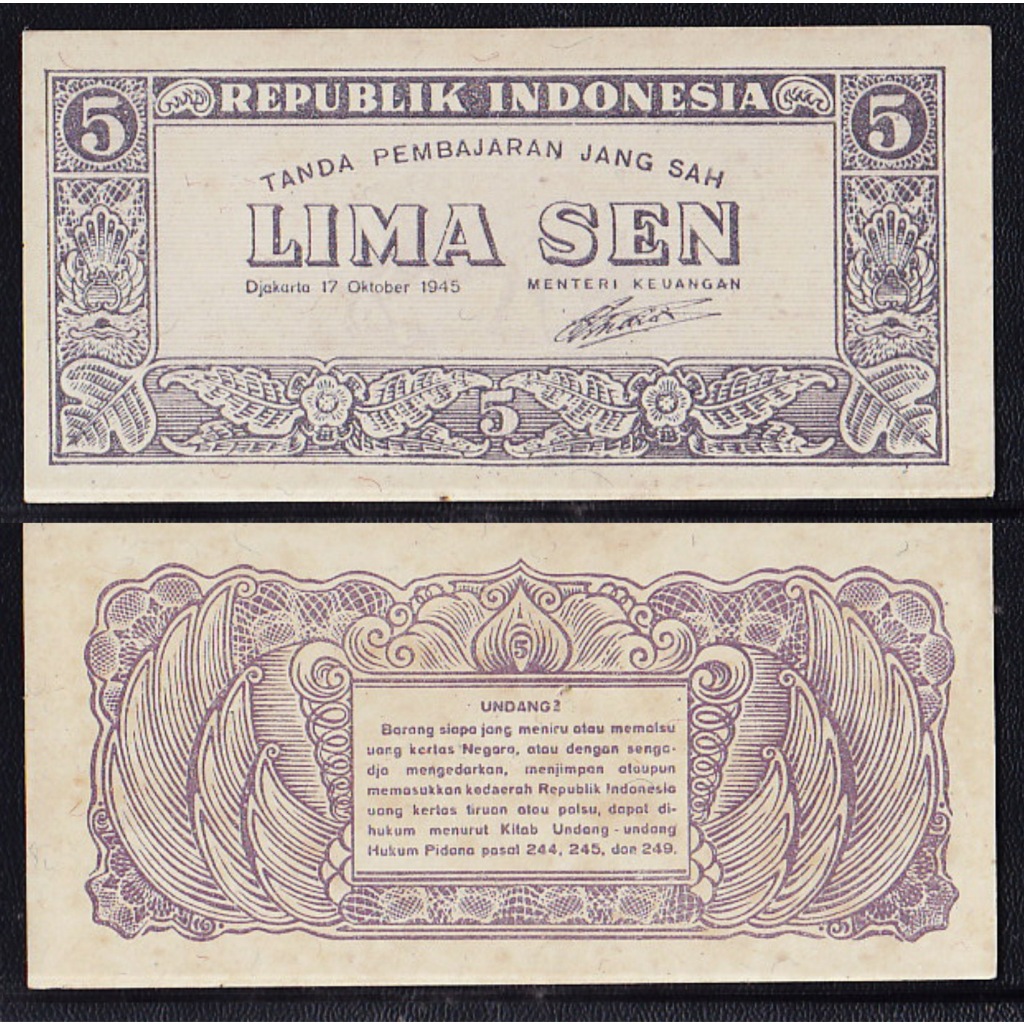 Uang kuno 5 Sen tahun 1945 seri Oeang Repoeblik Indonesia (ORI-I)