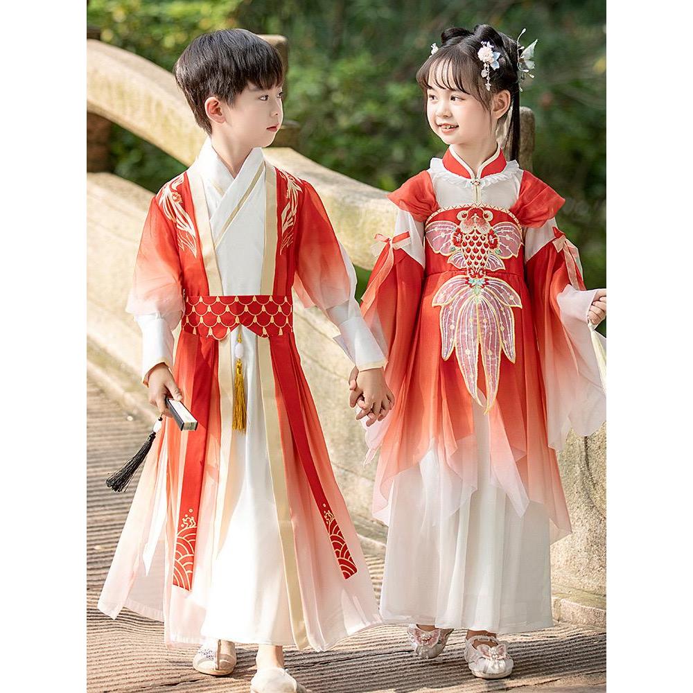 hanfu anak laki-laki , hanfu anak perempuan motif ikan pakaian adat tradisional tiongkok chinese