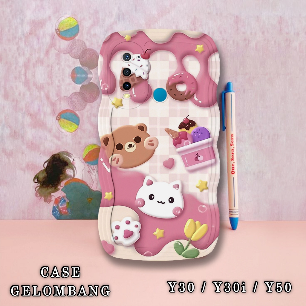 Soft Case GELOMBANG Hp Vivo Y30 - Y30i - Y50 - Case Pro Camera - Fashion Case Motif Pink Wallpaper -
