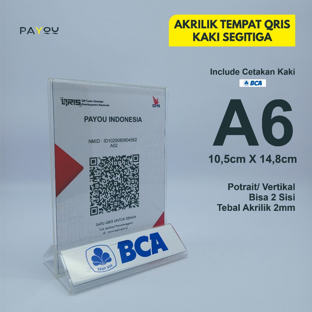 

Akrilik Tempat QRIS/ Barcode A6 2mm Kaki Segitiga Logo BCA