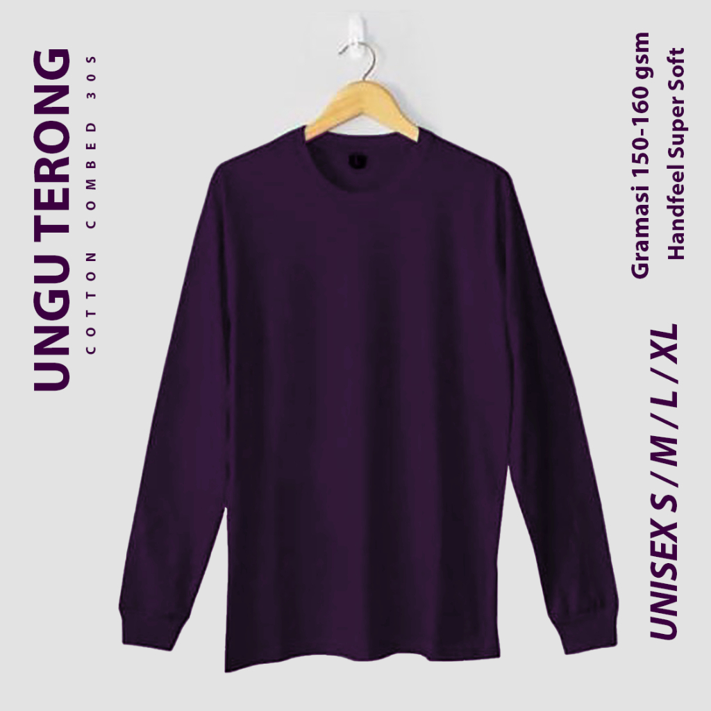 Kaos Polos Lengan Panjang Longsleeve WARNA UNGU TERONG Pria Wanita Premium Katun Combed 30s S M L XL