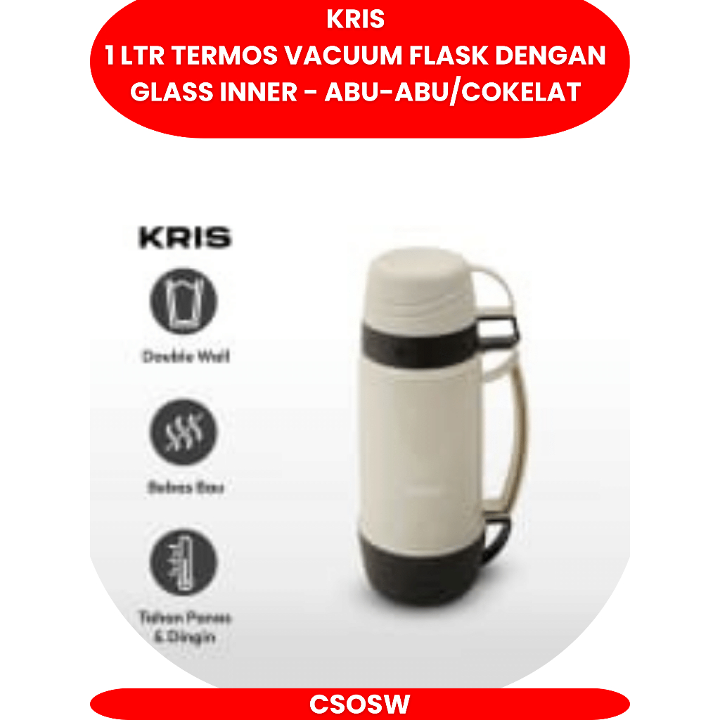 Kris Termos Vacuum Flask Dengan Glass Inner  Abu-abu/cokelat 1 Liter