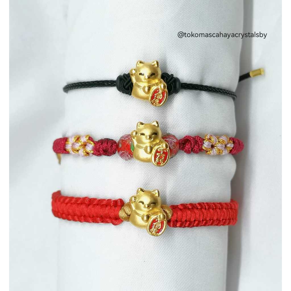 Gelang Tali Emas Charm Kucing Rejeki / Lucky Cat Emas Asli 24k HK Hongkong 9999%- Bracelet