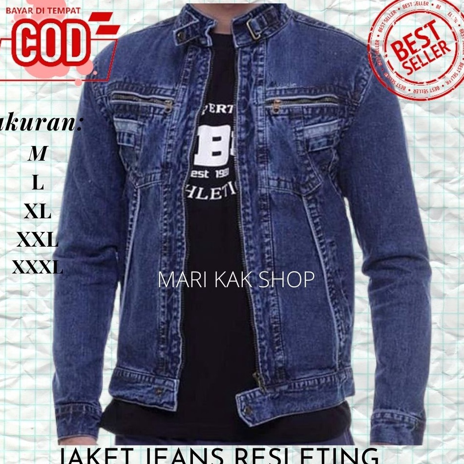 11 MALL JAKET JEANS PRIA RESLETING JUMBO JAKET JEANS ZIPPER JACKET DENIM PRIA BIOWASH BIRU KEREN