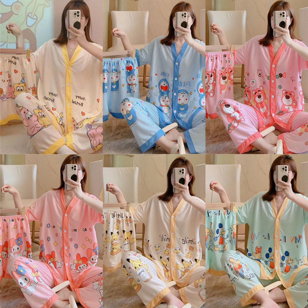 3 in 1 Baju Set  Baju Tidur Wanita Dewasa Piyama Set Kekinian Model Kemeja CP Kotak Series  B1