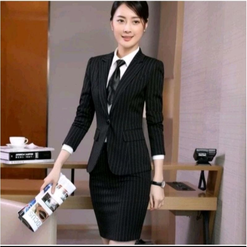 Setelan Seragam jas blazer 2in1 formal Rok jas blazer Motif Hitam salur/Setelan Jas Formal Wanita