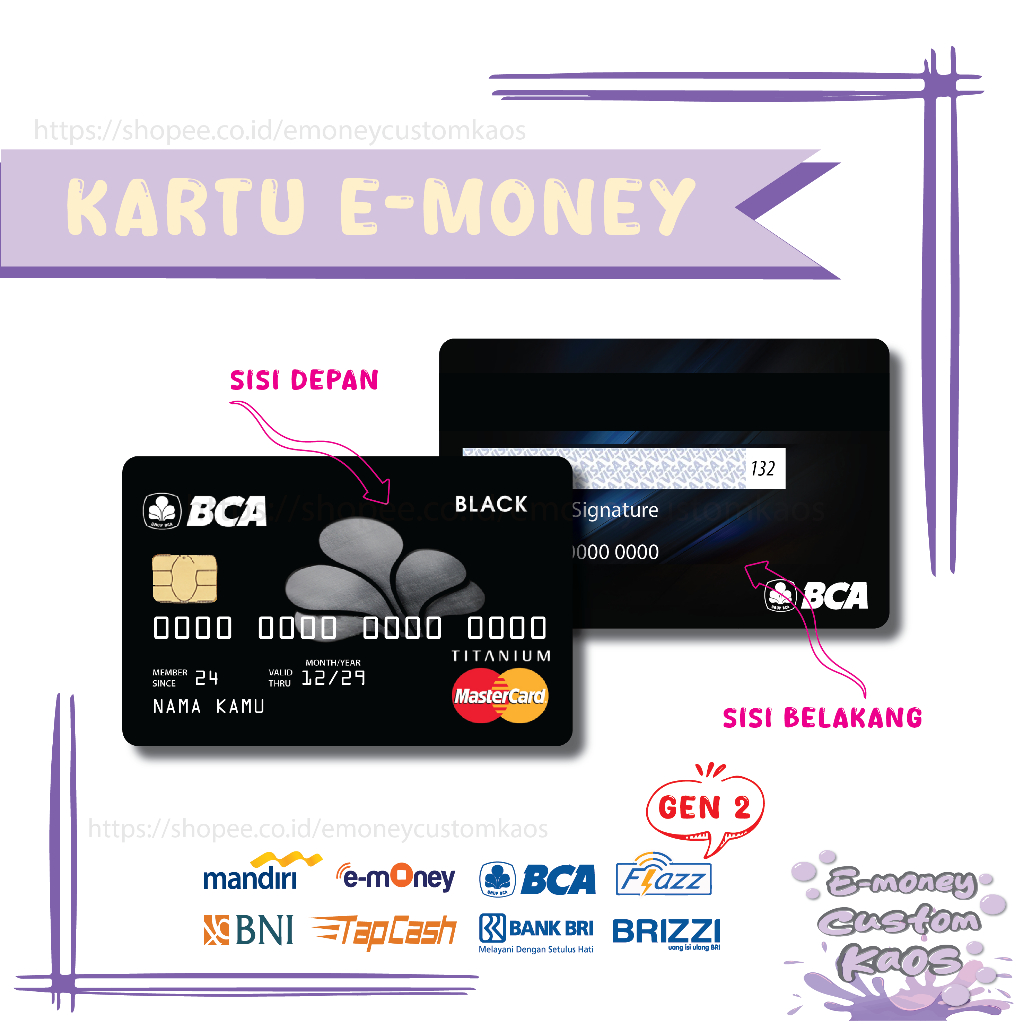 KARTU EMONEY DEBIT CARD BLACK TITANIUM ETOLL MANDIRI FLAZZ BCA GEN 2 BNI TAPCASH BRIZZI BRI - 2 SISI