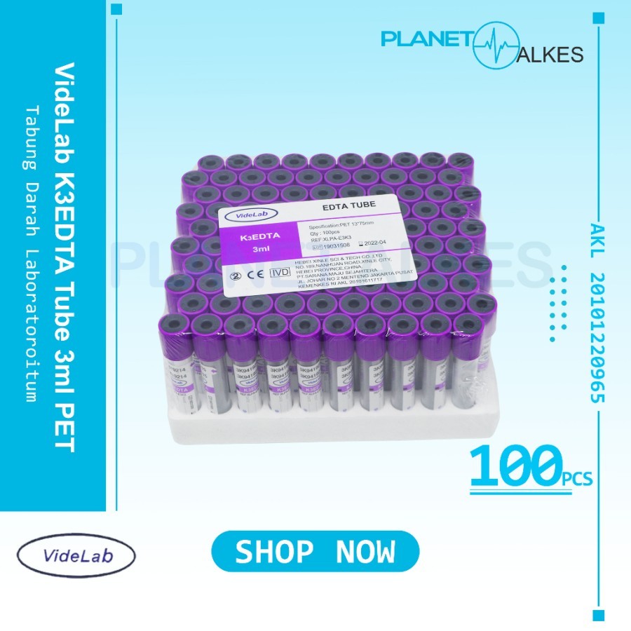 VIDELAB Vacutainer Tabung Darah K3 EDTA 3ml GLASS KACA / PET Plastik 100ea