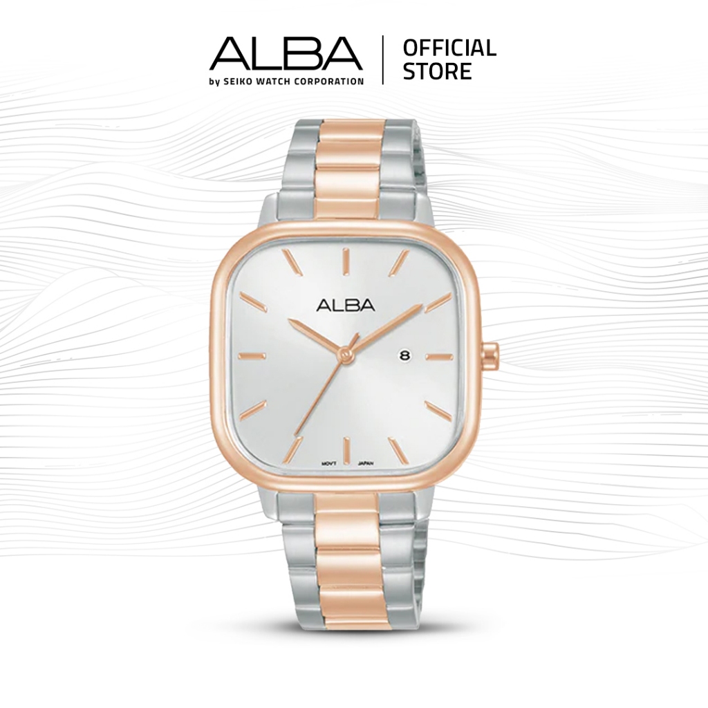 Alba Fashion Jam Tangan Wanita Kotak AH7BZ0 / AH7BZ0X1 Quartz Silver White Dial Rose Gold-Silver Two