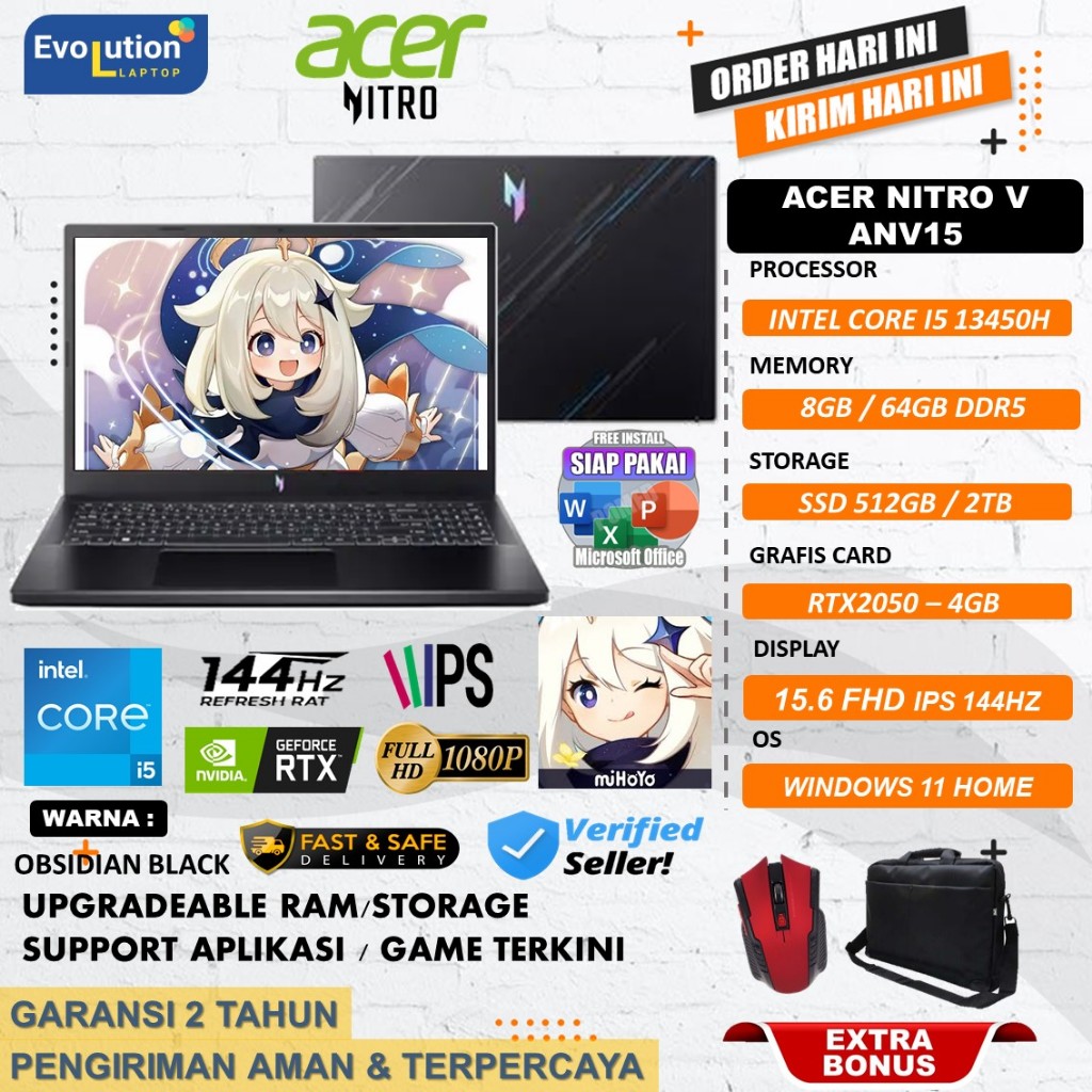 Laptop Gaming Murah Acer Nitro V 15 GeForce RTX™ 2050 Core i7 13620H 64GB DDR5 1TB SSD Win 11 + OHS