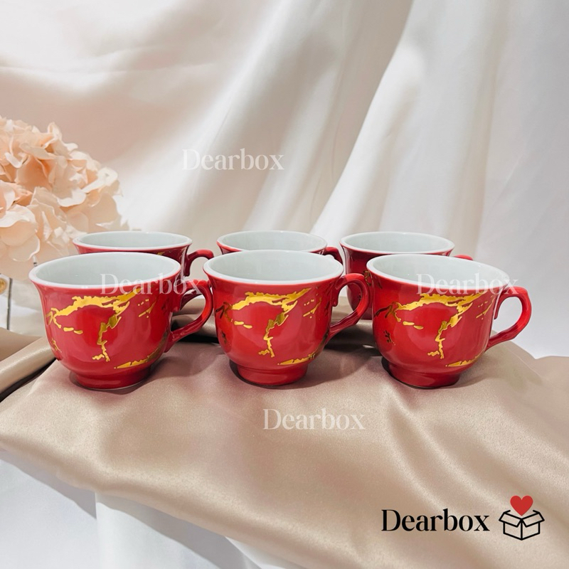 Dearbox | TEA SET 6PCS CUP MERAH EMAS SET TEH HAMPERS HADIAH GIFT UNIK KARTU UCAPAN