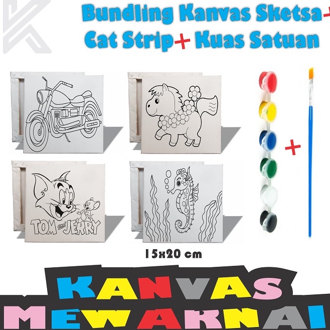 

ART D7Y BUNDLING Kanvas Sketsa Gambar 15x2 cm Kuas Satuan Cat Strip 6 warna