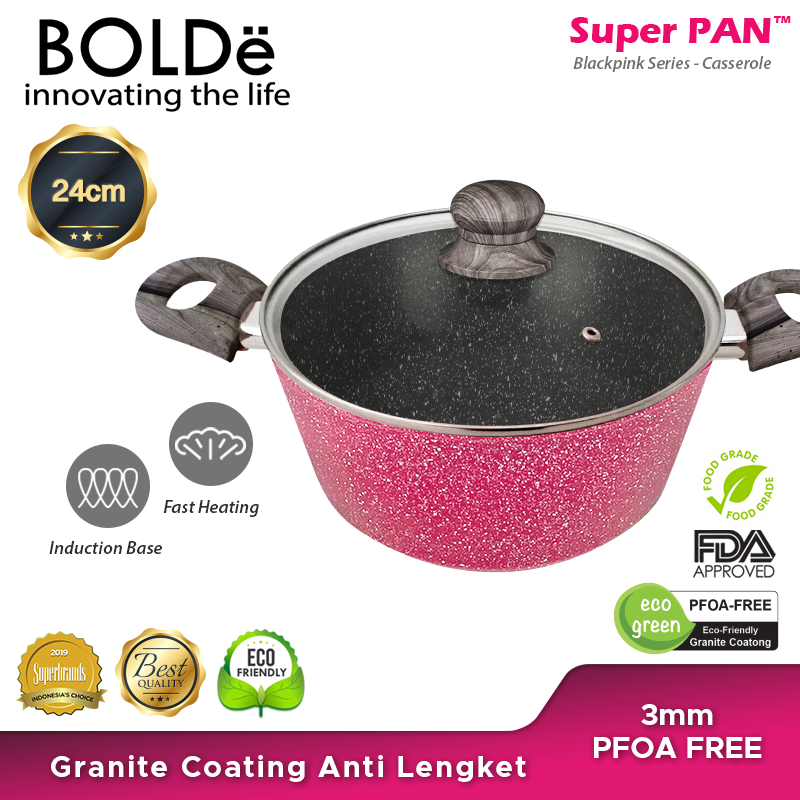BOLDe Casserole Pan 24 CM Panci Sup Tutup Kaca Granite Anti Lengket