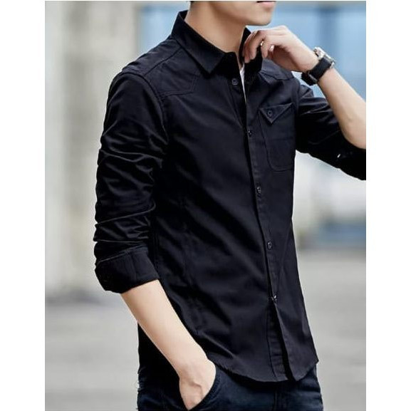 BAJU HEM PRIA POLOS HITAM  D01