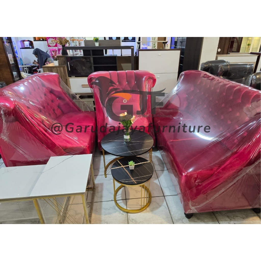 SOFA TAMU 321 BELUDRU PREMIUM MEWAH RED RUBY / SOFA TAMU 321 BAHAN BELUDRU DAN KULIT/SOFA RUANG TAMU