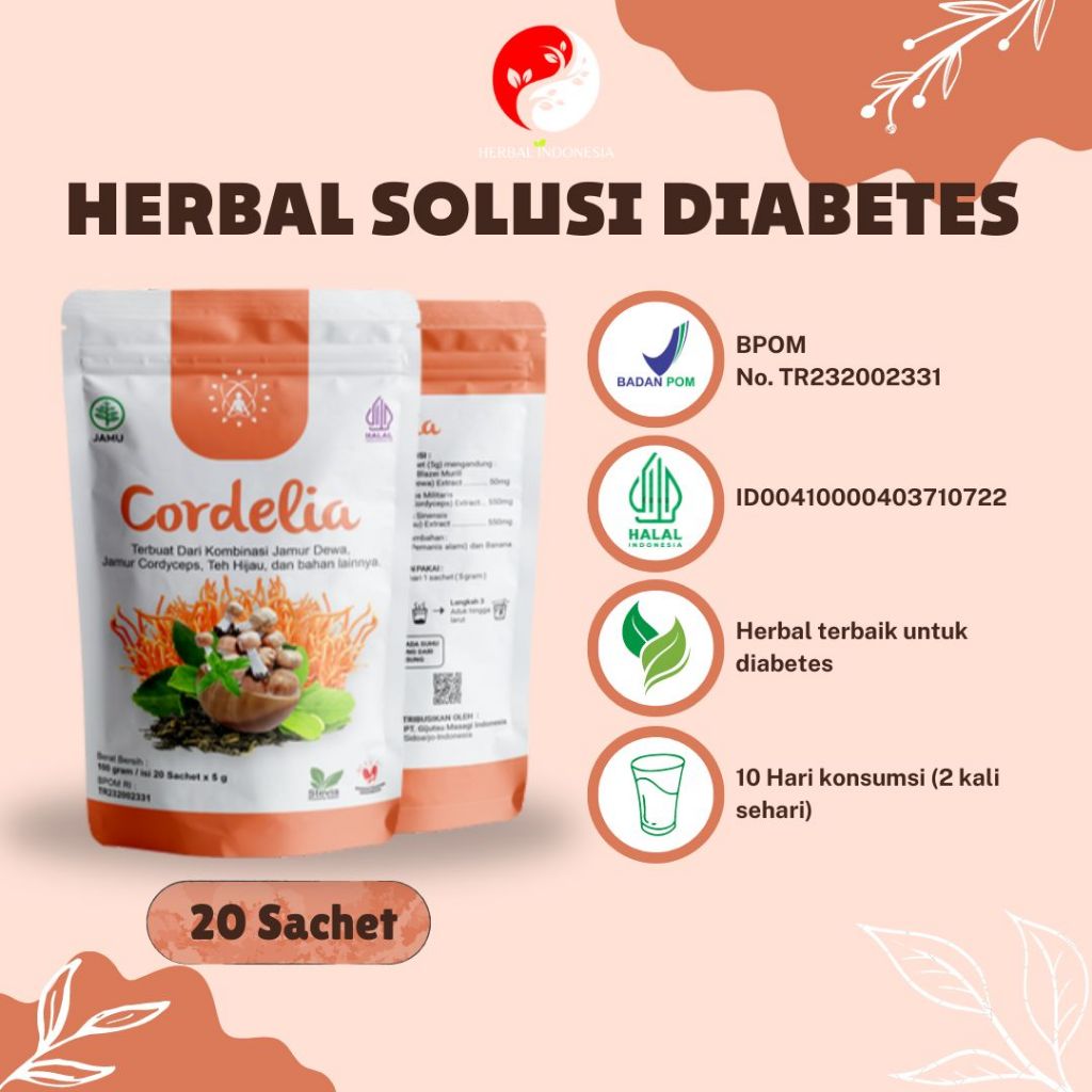 

Cordelia 20 sachet obat herbal diabetes, gula darah, serta membantu memperbaiki pankreas