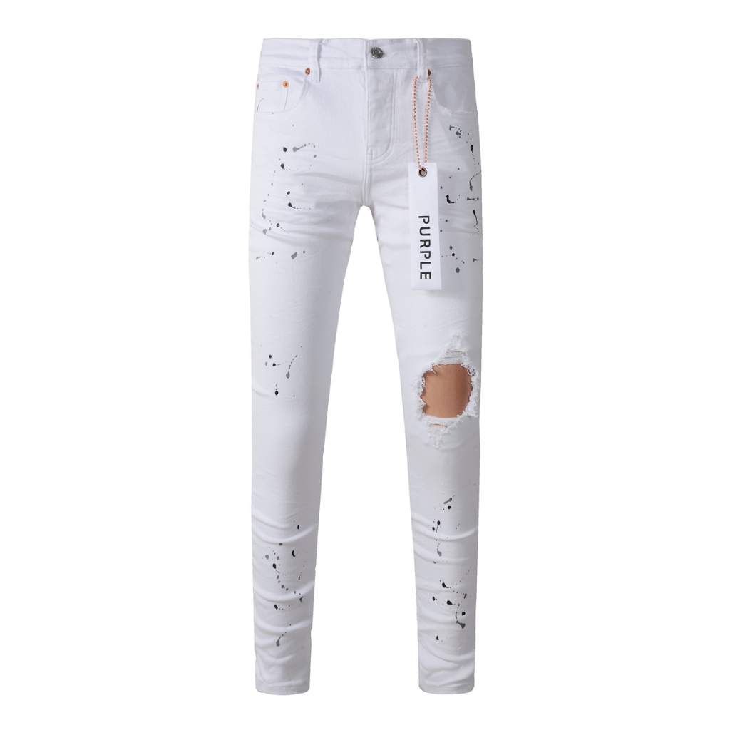 Celana jeans pria, putih, simpel, serbaguna, cipratan cat, celana denim robek, celana lurus, high-st