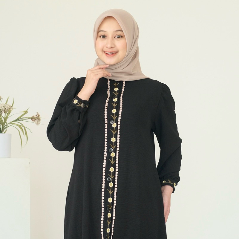 Womscloth - Midi Dress Crinkle Bordir - Dress Lebaran Busui Kancing Lengan Panjang - Gamis Wanita Muslim Terbaru-5