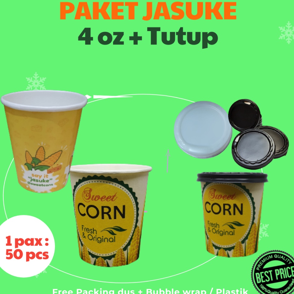 Recomended PAKET Jasuke Cup 4 oz  Tutup isi 5 pcs Paper Hot Cup gelas kertas jagung sweetcorn