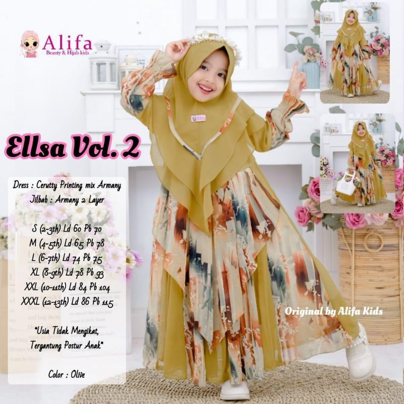 GAMIS ANAK PEREMPUAN FULL CERUTY ELLSA KIDS (READY SUDAH TERMASUK JILBAB) ORI BRAND ALIFA ELLSA VOL2