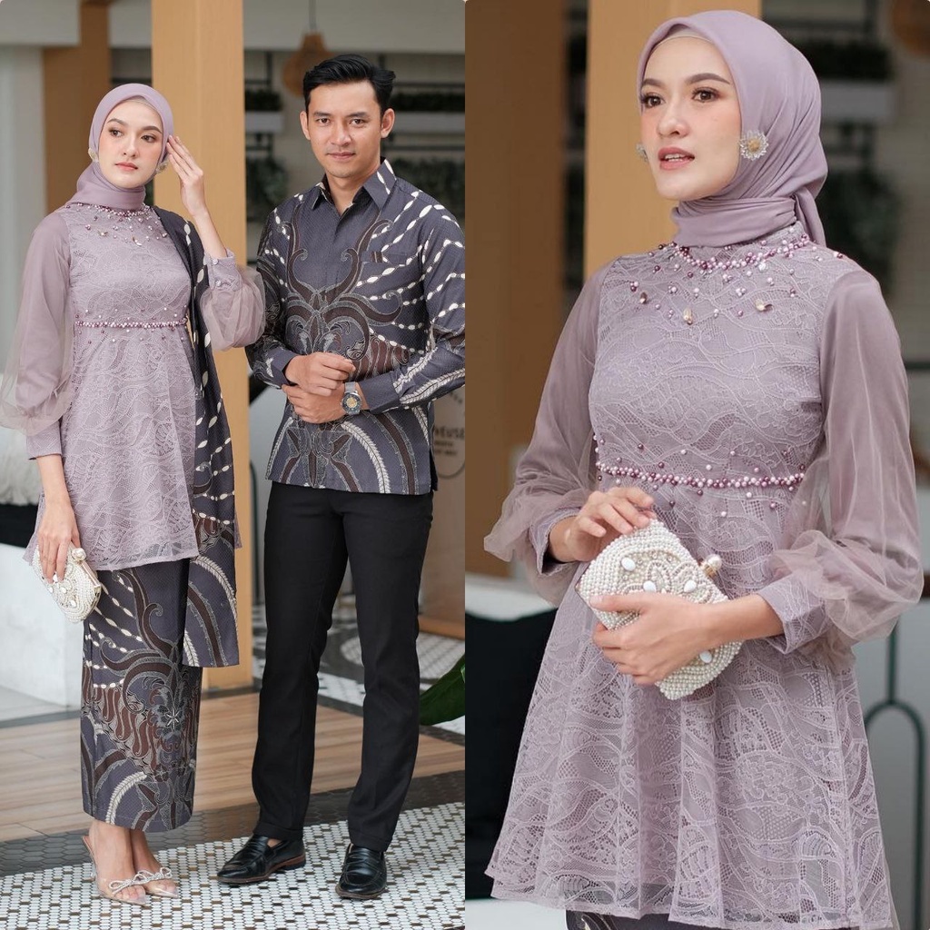 ALYSA BATIK - SET KEBAYA BROKAT COUPLE NADINE AMANDA TUNIK KOMBINASI | KEBAYA SET WANITA TERBARU COD