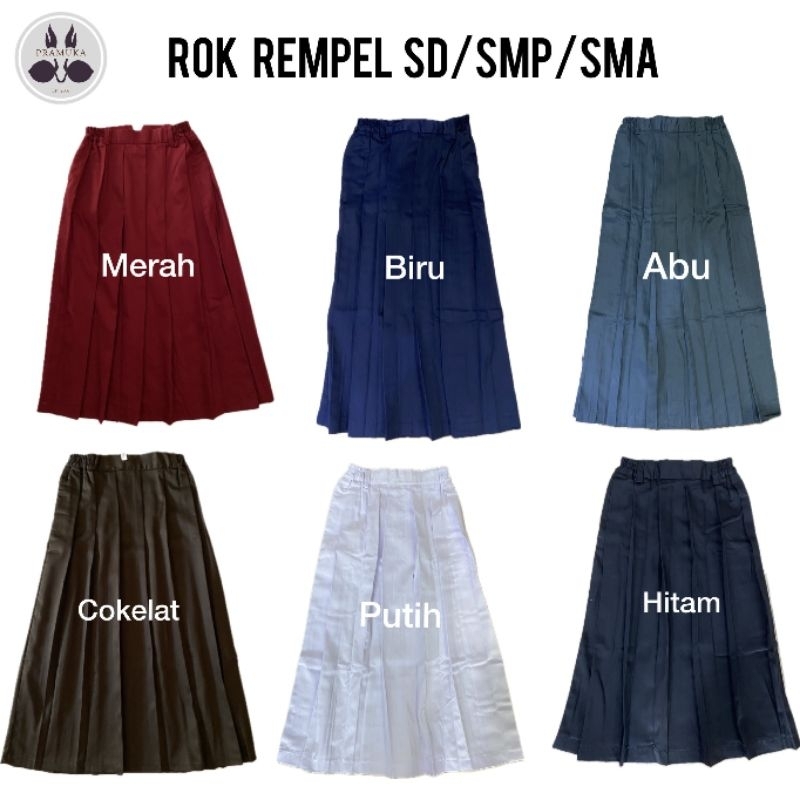 Rok Rempel Panjang Sekolah SD/SMP/SMA | Rok Rimpel Merah Biru Abu Coklat Putih Hitam | Bahan Nagata