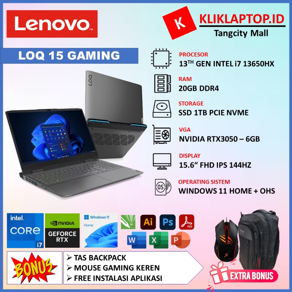 Promo Laptop Gaming LENOVO LOQ 15 Intel Core i7 13650HX 20GB DDR5 512GB SSD RTX3050 Win11 OHS