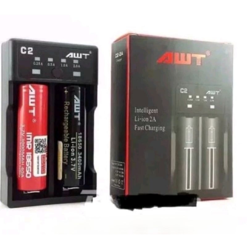 Charger Baterai 18650 AWT - Charger Baterai 2 Slot - Baterai Cas