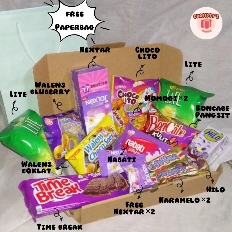 

Crafidty's SNACK BOX ISI 16 SNACK / KADO ULANG TAHUN / GIFT BOX HAMPERS (FREE PAPERBAG)