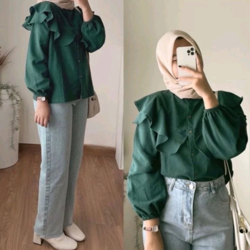 NEW BLOUSE RUFFLE POLO LINEN RAFELLA YURE BLOUSE WANITA CUTE TERLARIS REMPEL RIMPEL DEPAN BELAKANG