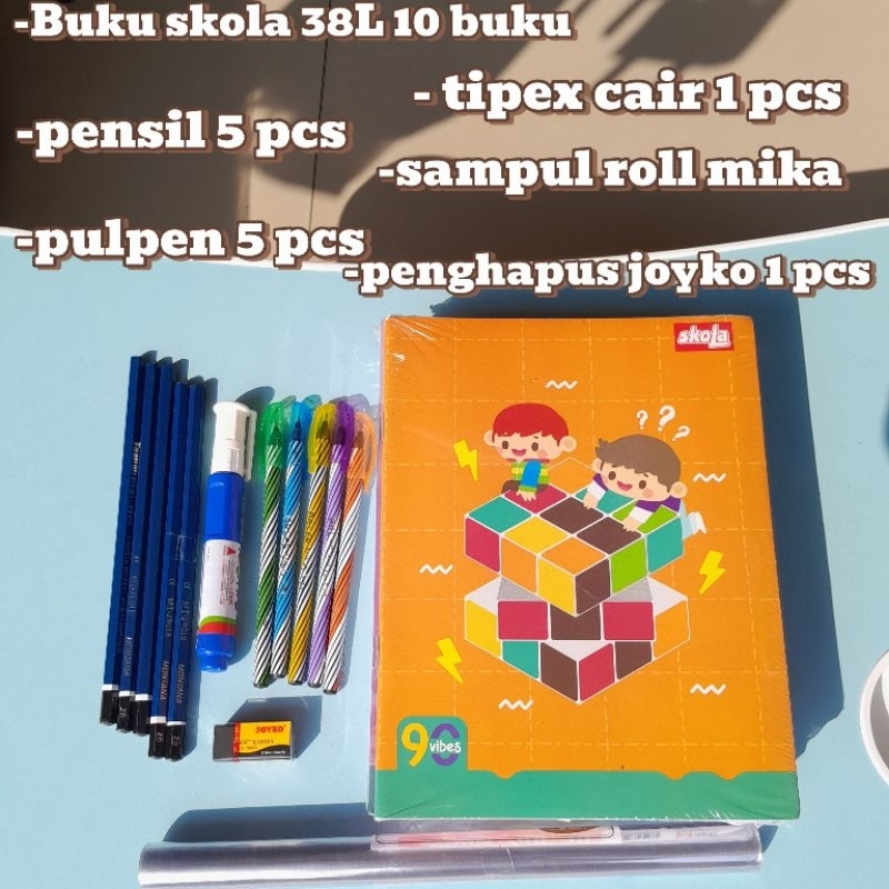 

paket E , buku 1 pack ,pulpen 5pcs ,pensil 5pcs ,penghapus joyko ,sampul roll mika ,