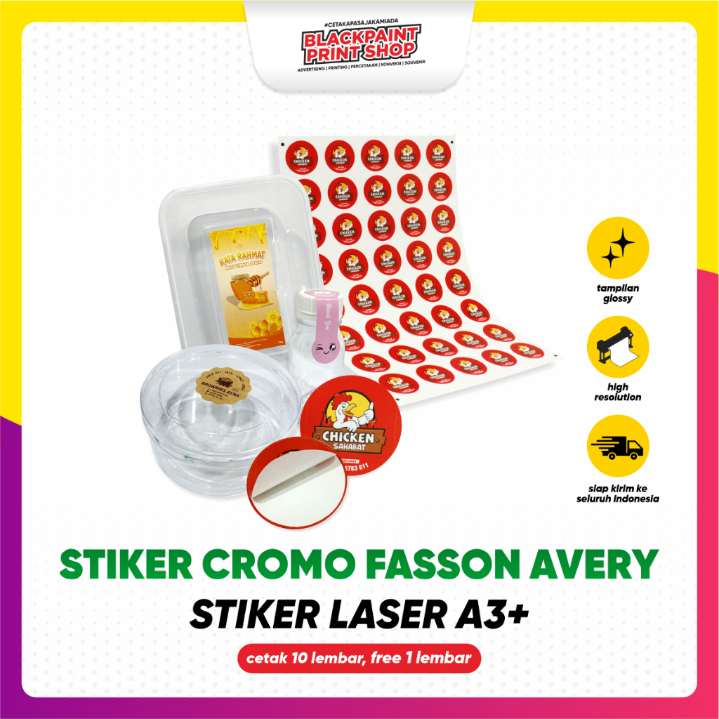 

Stiker Label Laser A3+ Cromo Fasson Avery / Stiker Kemasan Makanan / Stiker Produk ( + Desain)