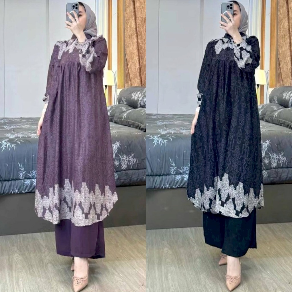 oneset long tunik wanita atika setelan tunik panjang rayon premium busui setelan celana kulot