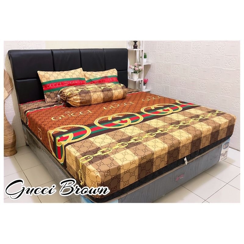 sprei homemade motif golden Gucci brown / sprei terlaris motif Gucci coklat