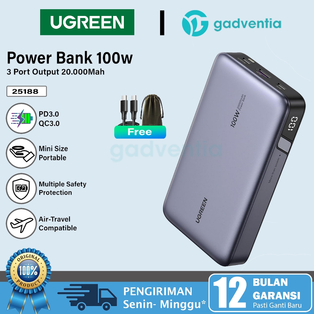 Ugreen 20542 Powerbank PD Fast Charging 20W 30w 10000mAh 20000mAh Power Bank USB Type C Untuk Handphone Android Samsung S23 S22 S2 Vivo Oppo Realme iPhone 8 X Xr Xs 11 12 13 14 15 Pro Max-25188 100W - 20K MAH