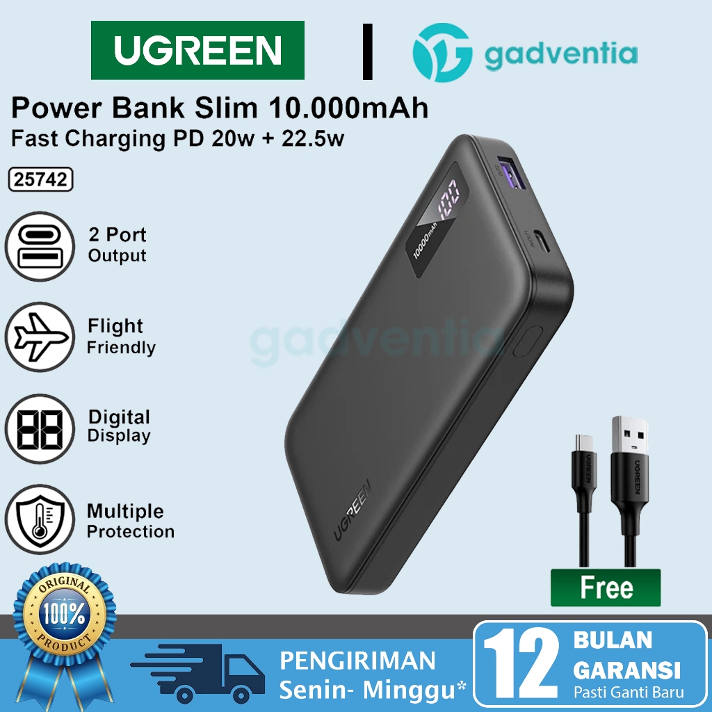 Ugreen 20542 Powerbank PD Fast Charging 20W 30w 10000mAh 20000mAh Power Bank USB Type C Untuk Handphone Android Samsung S23 S22 S2 Vivo Oppo Realme iPhone 8 X Xr Xs 11 12 13 14 15 Pro Max-10000MAH 20W