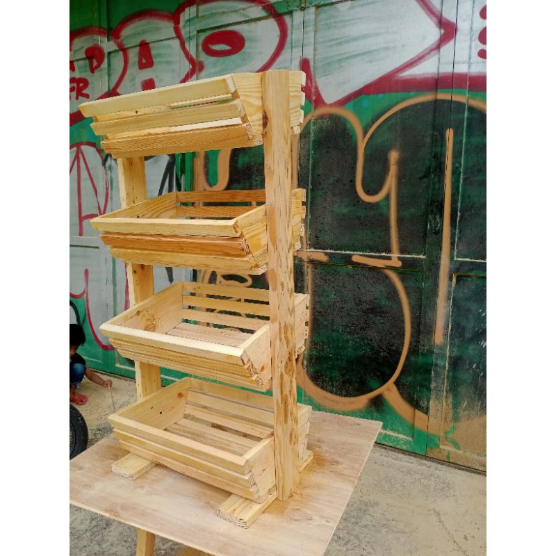 Rak buah. Keranjang buah. Rak serbaguna. Rak kayu. Display buah. Display sayuran.