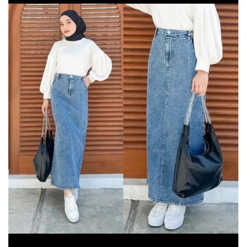 ROK THEANA JEANS HIGHWAIST PANJANG WANITA ROK SPAN SKIRT KEKINIAN TERBARU ROK KOREAN STYLE JINS DENI