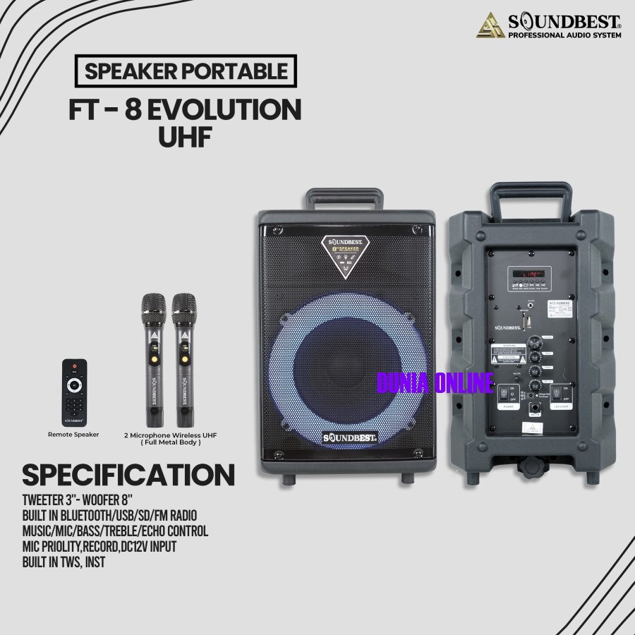 Speaker Portable SOUNDBEST FT8 FT 8 FT-8 ORIGINAL 8 inch USB Bluetooth