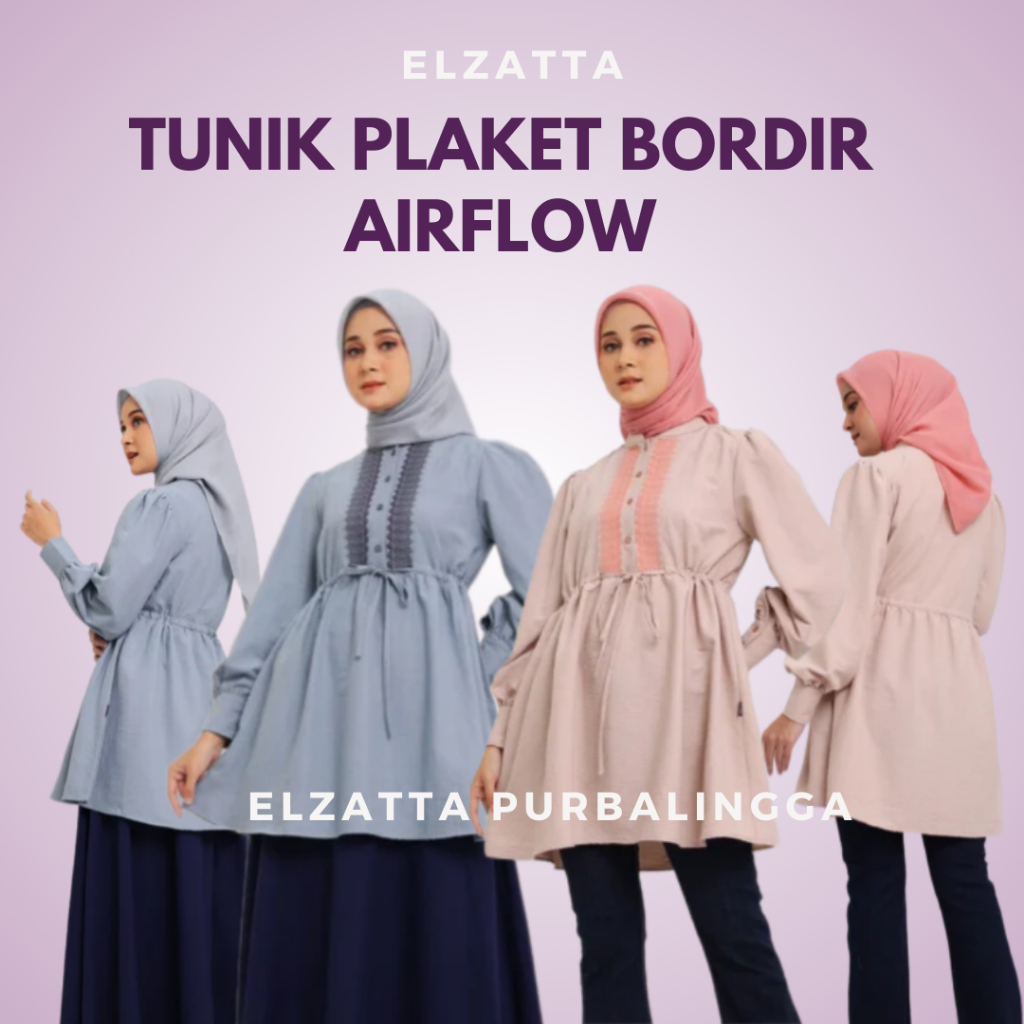 Elzatta Tunik Plaket Bordir Airflow Elzatta Tunik Wanita Bahan Airflow Nyaman Dipakai Busui Friendly