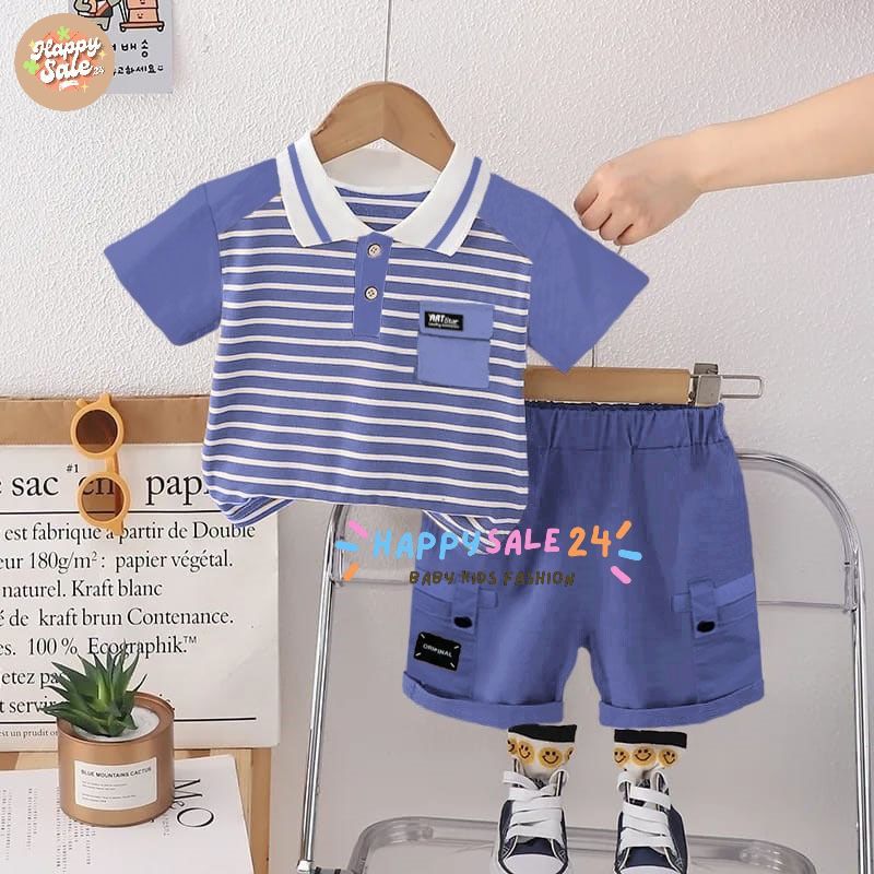 	 Setelan anak krah salur celana pendek usia 1-5 tahun pakaian anak laki-laki baju anak kekinian by.Happysale24	