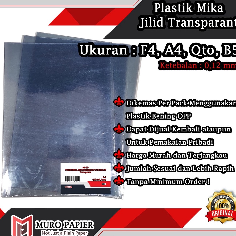 

Top Delivery PER PAK ISI 1 Plastik Mika Jilid Transparant 12 mm A4 F4 Qto B5 by Muro Papier