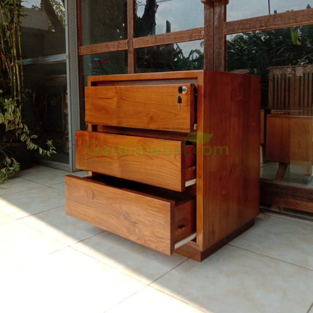 Lemari Nakas Minimalis Kayu Jati 3 Laci 1 Kunci