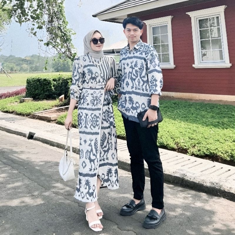BAJU COUPLE BATIK TENUN SONGKET KONDANGAN MARLINE PUTIH GAMIS PESTA TERBARU