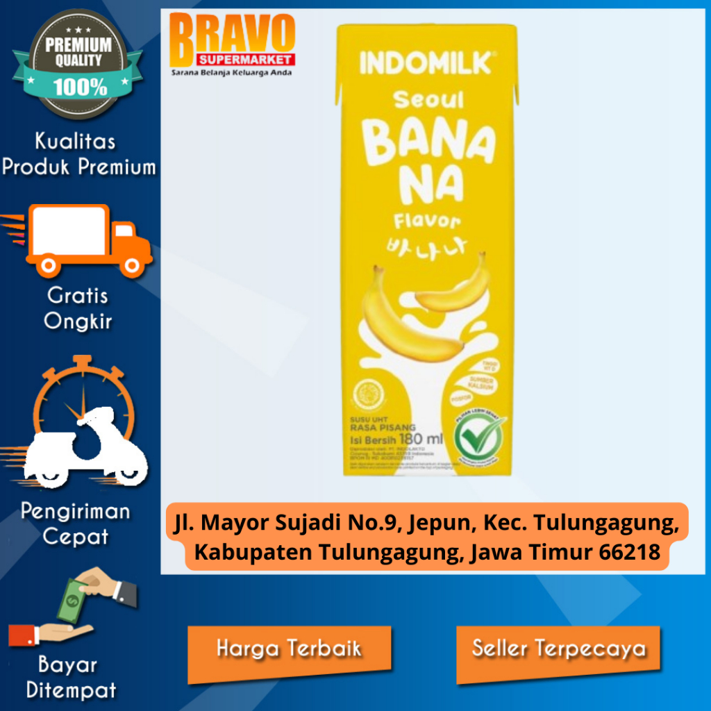 

Bravo Supermarket Tulungagung - Susu Indomilk UHT Seoul Banana 180mL