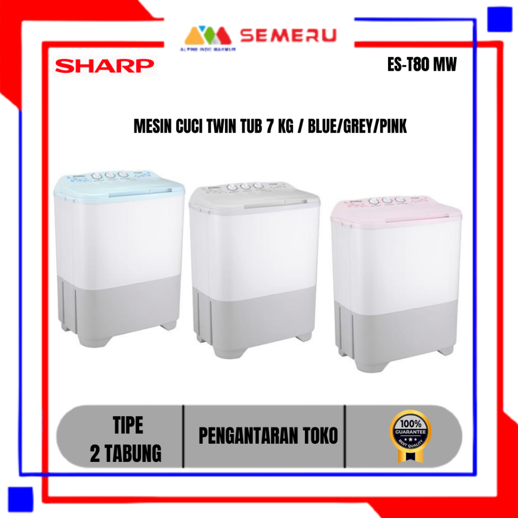 SHARP MESIN CUCI TWIN TUB 7 KG / BLUE ES-T80 MW-BK/ GREY ES-T80 MW-HK/ PINK ES-T80 MW-PK