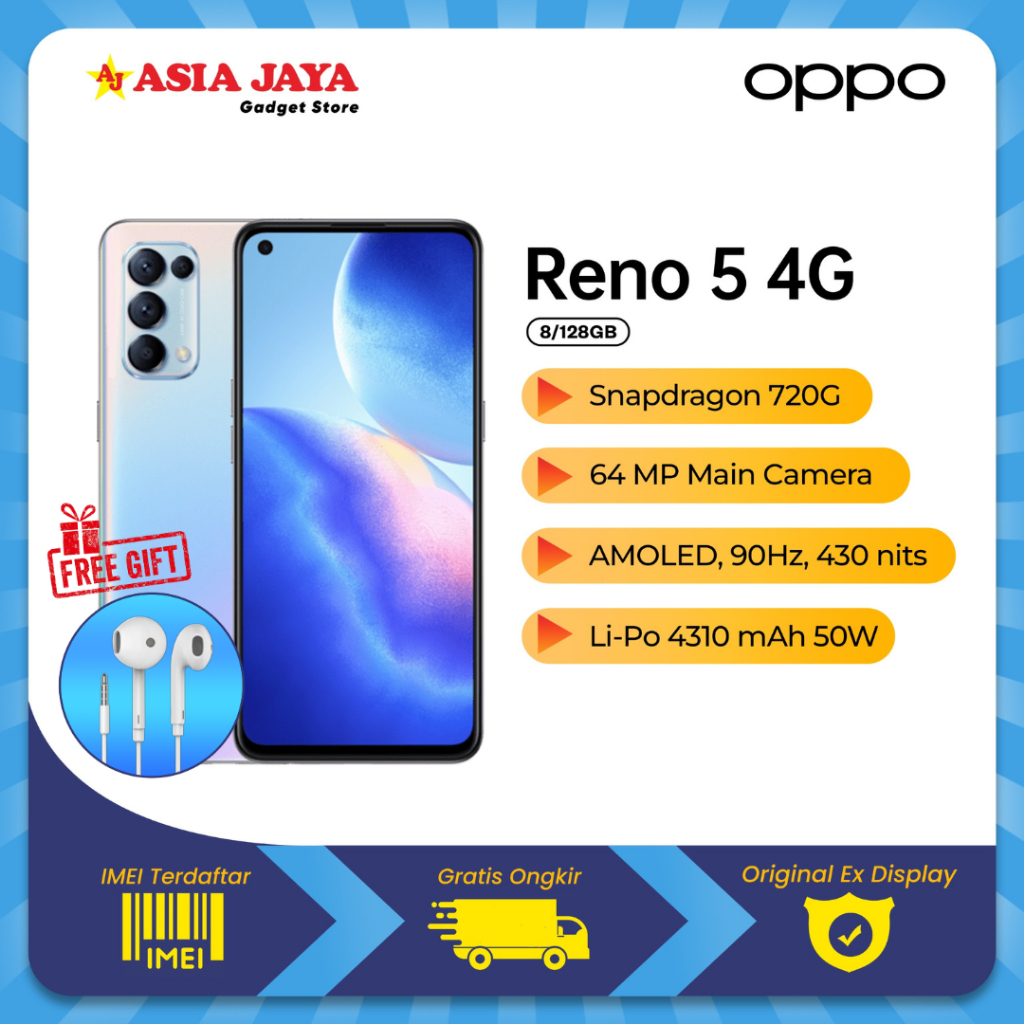 [EX DISPLAY] OPPO RENO 5 AMOLED 4G 64 AI Camera RAM 8/128GB Second Fullset Original Gorilla Glass